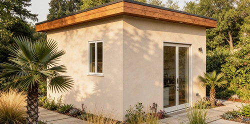 ADU Made Right modern backyard ADU with stucco exterior and wood trim design in Los Angeles