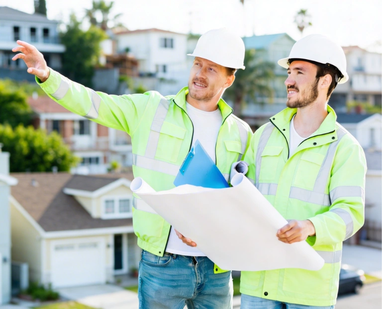 ADU Made Right Los Angeles construction team reviewing ADU plans on residential project site